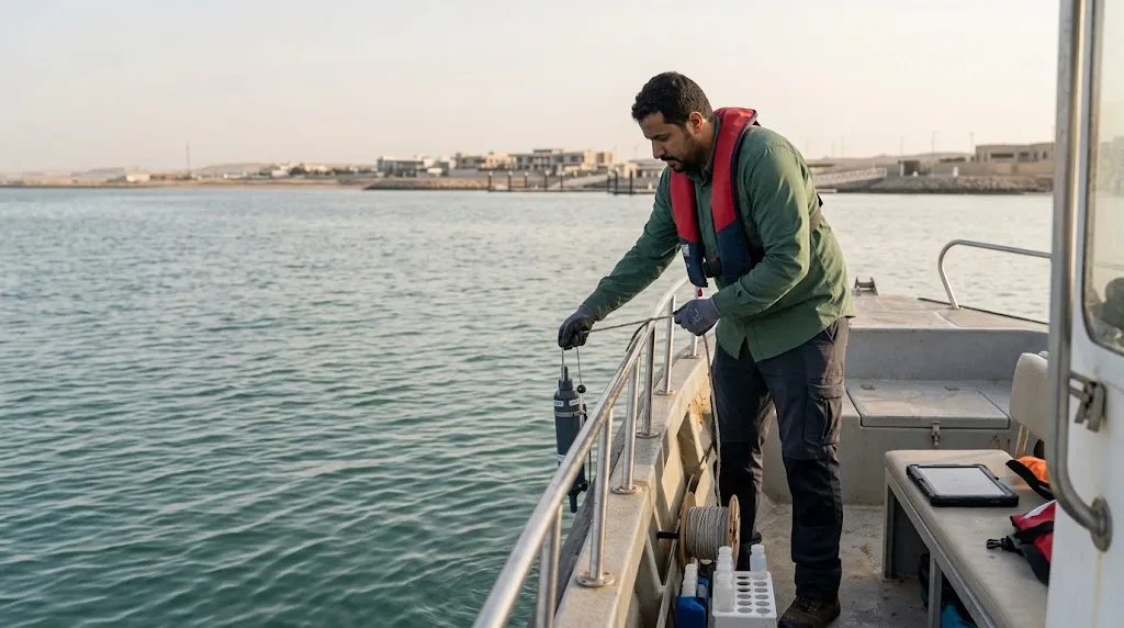 متخصص يجمع بيانات بيئية بحرية من قارب مسح