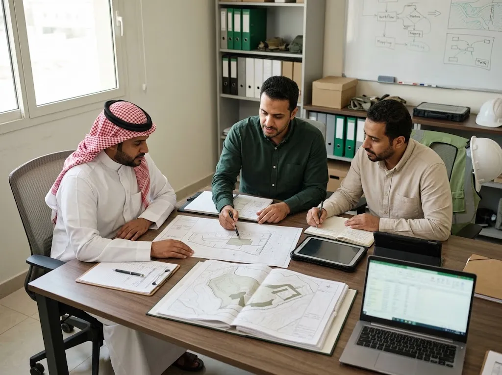 مشهد توضيحي لاجتماع مختصين لمراجعة خرائط وبيانات مشروع بيئي